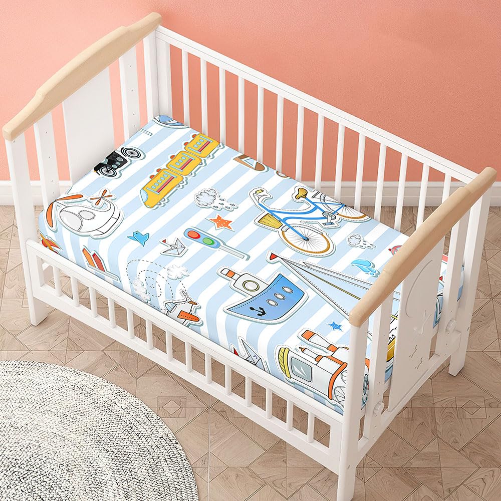 Morbuy Cot Bed Sheets, Crib Sheets for Boy and Girl, Cartoon Design Baby Bed Fitted Sheets Soft Breathable Crib Sheets for Baby, Cosy Durable and Easy Care Cot Sheets (Boat,140x70cm)