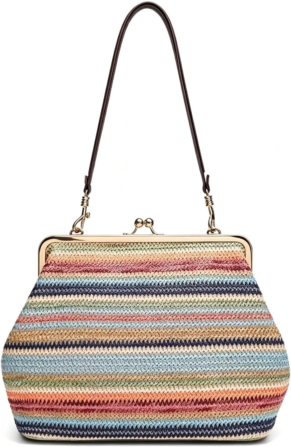 Kiss-lock Bag for Women Large Woven Purse Retro Top Handle Handbag Kiss Clasp Shoulder Bag Tote Purse Satchel