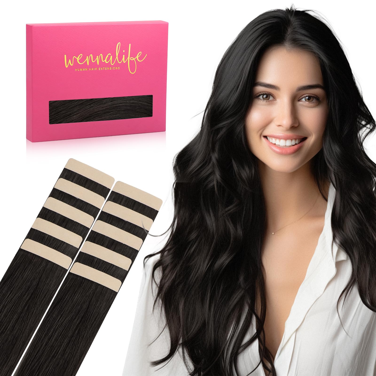 WENNALIFE Tape Extensions Echthaar, 25 to 65cm 10 to 40 Stück Invisible Tape in Extensions Echthaar, Haarverlängerung Echthaar, Remy Gerade Haarextension Echthaar