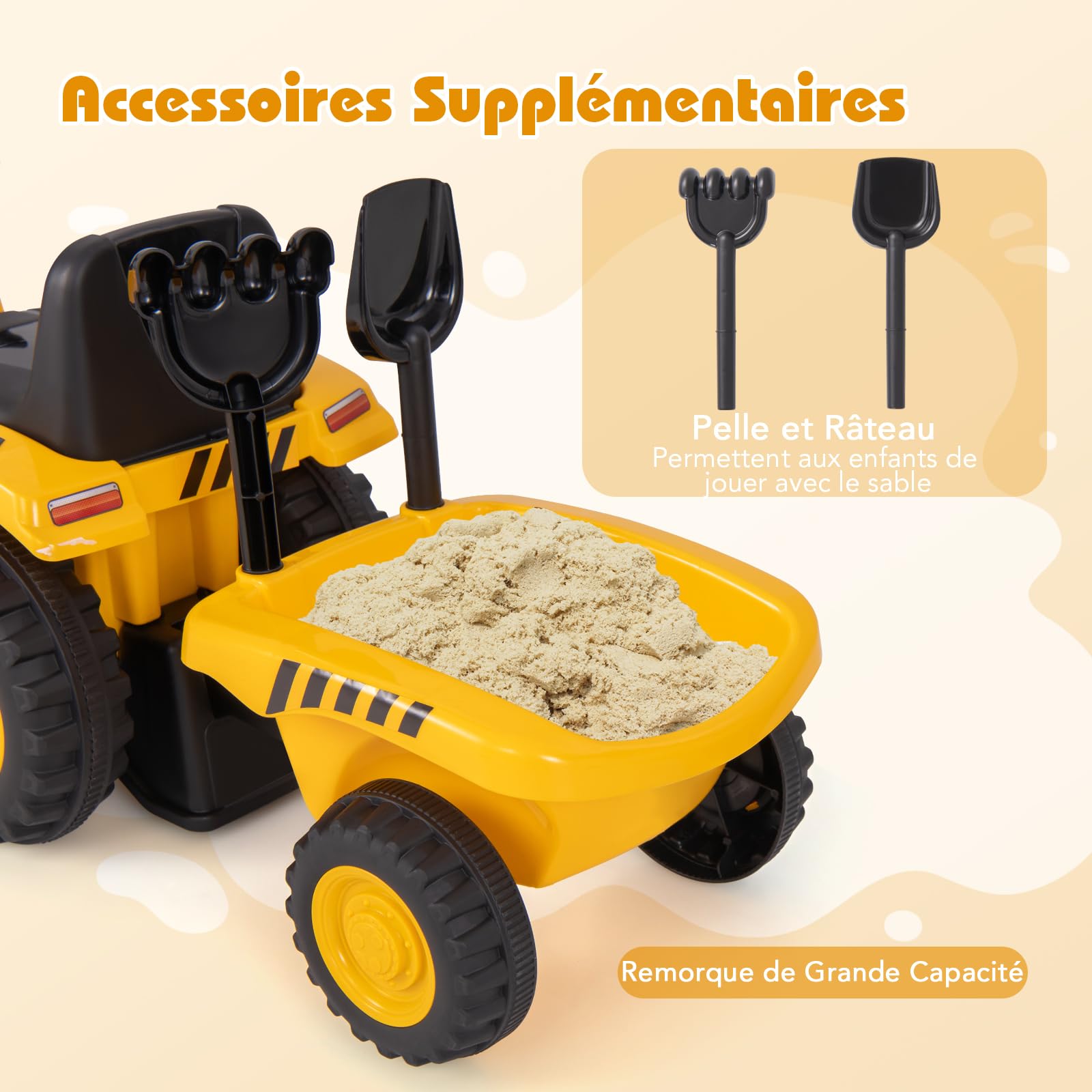 GOPLUS Tracteur Porteur Bebe Caterpillar, avec Remorque Amovible, Klaxon et Sons de Moteur, Lumières LED, Râteau et Pelle, Cadeau Camion Enfant pour Tout-Petits 1,5-3 Ans,Charge 25KG