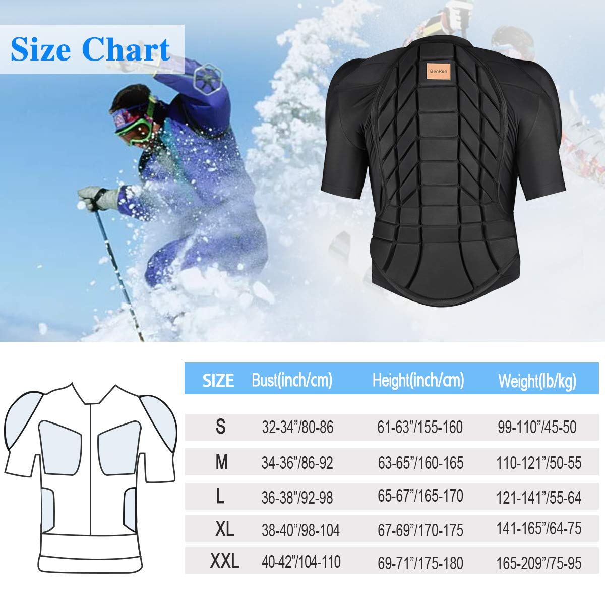 BenKen - Camisa Protectora para esquí, Snowboard, Moto Enduro, Chaqueta de protección Ajustable (Hombre y Mujer)