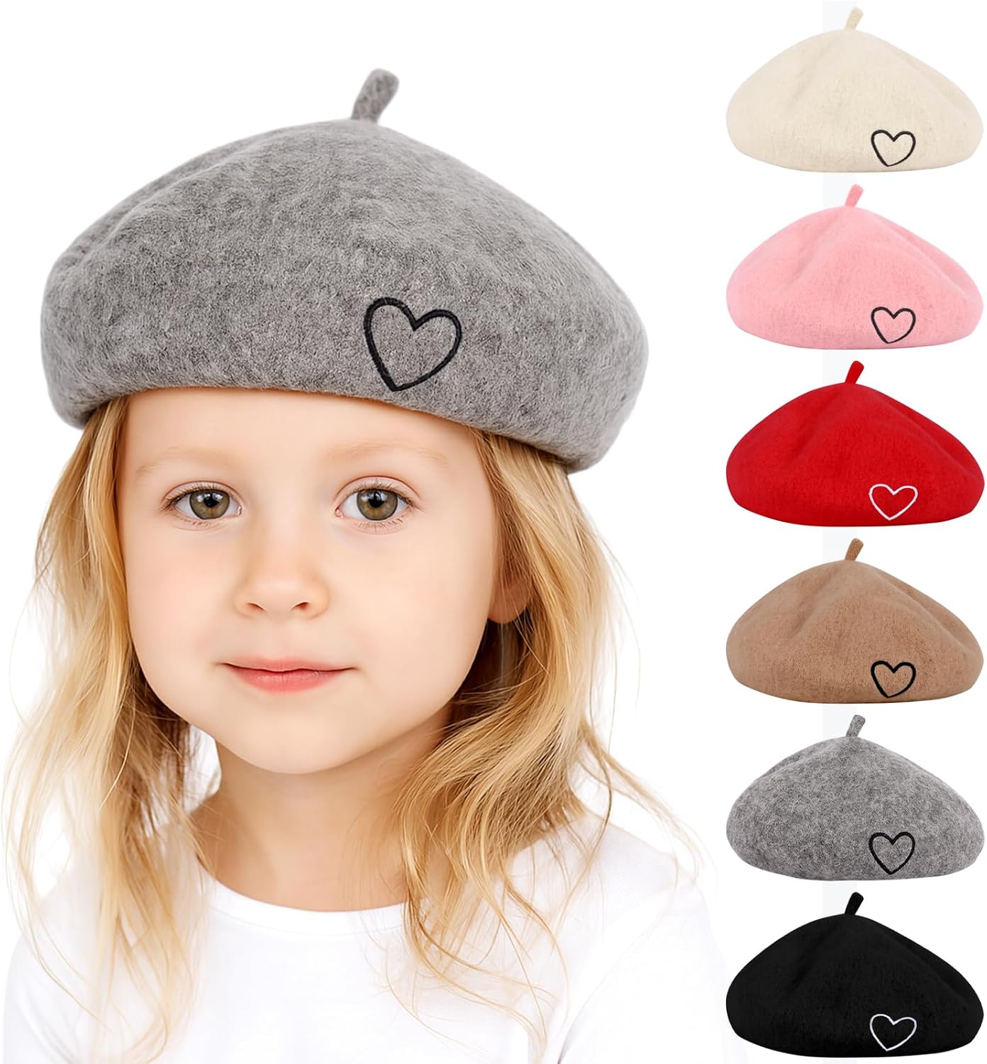 Kunyeah Wool Beret Hat for Women Baby French Style Beanie Hat Soft Embroidered Heart Warm Cap Mom Daughter Matching Hats