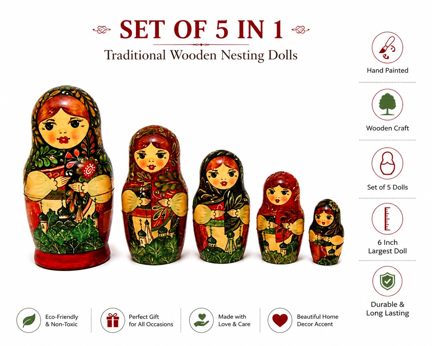 LEELA HANDICRAFT - Art & Craft Handcrafted Wooden Ladies Dolls | Table Decor Showpiece 5 in 1 (6.75 inch) 1