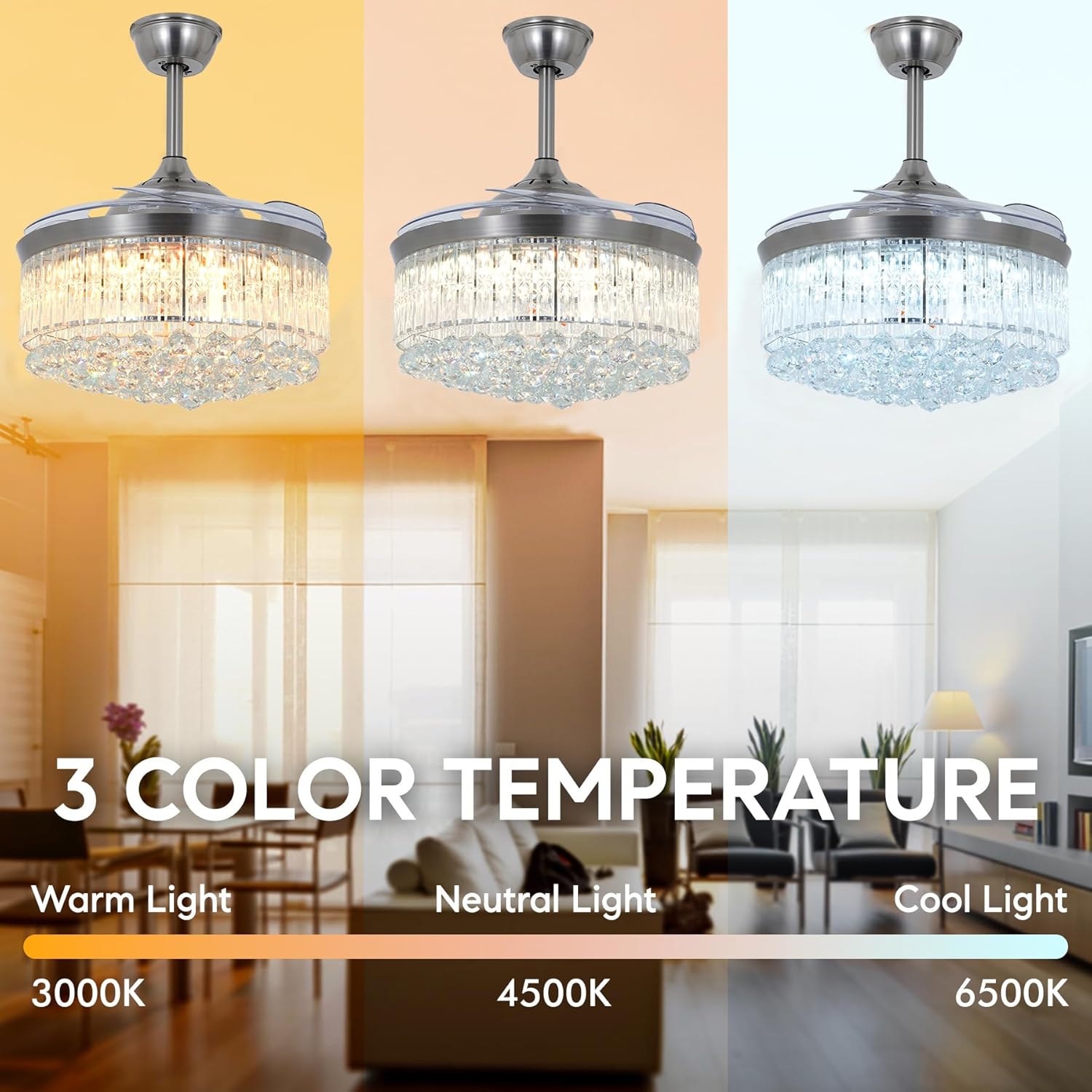 42" Crystal Ceiling Fan with Light and Remote Modern Silver Retractable Ceiling Fan Chandelier 3 Colors Change 3 Speeds Indoor Fandelier with Silent Motor LED Light Fixture