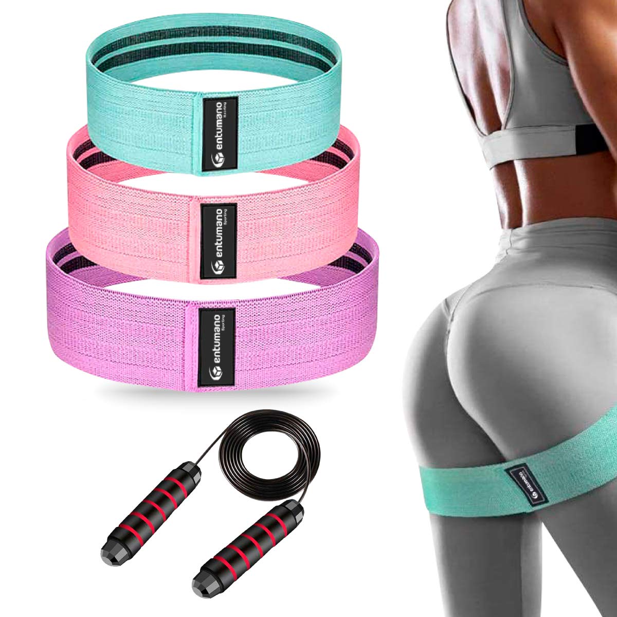 Fabric Resistance Bands Set 4 Pieces | Jumping Rope Included | for Resistance Training | Physical Therapy | Home Workouts | Gym