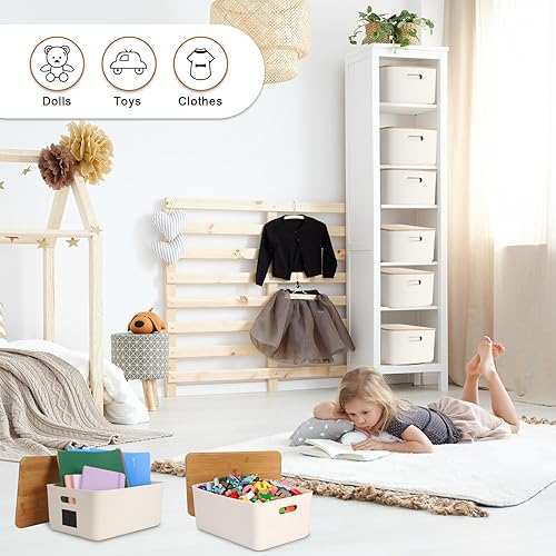 Miniatura 6 de 4 contenedores de almacenamiento con tapas de bambú, contenedores de almacenamiento de plástico, apilables, con asa, para dormitorio, oficina,