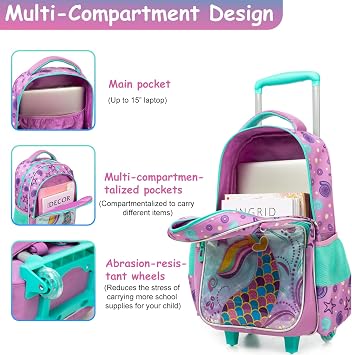 Kids Rolling Mermaid Backpack for Girls Trolley Suitcases Luggage Travel with Wheels Bookbag Wheeled 3PCS Roller Backpacks Toddler Tote Bag Back Pack School Bags Set Elementary Pink Green