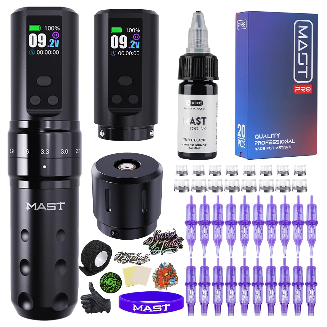 Mast Fold2 Pro Tattoo Kit Complete Tattoo Gun Machine Kit 2 Batteries 2000mAh Power Supply for Long Time Needles Cartridges Black Tattoo Ink Kit (Full Fold2 Pro - Black)