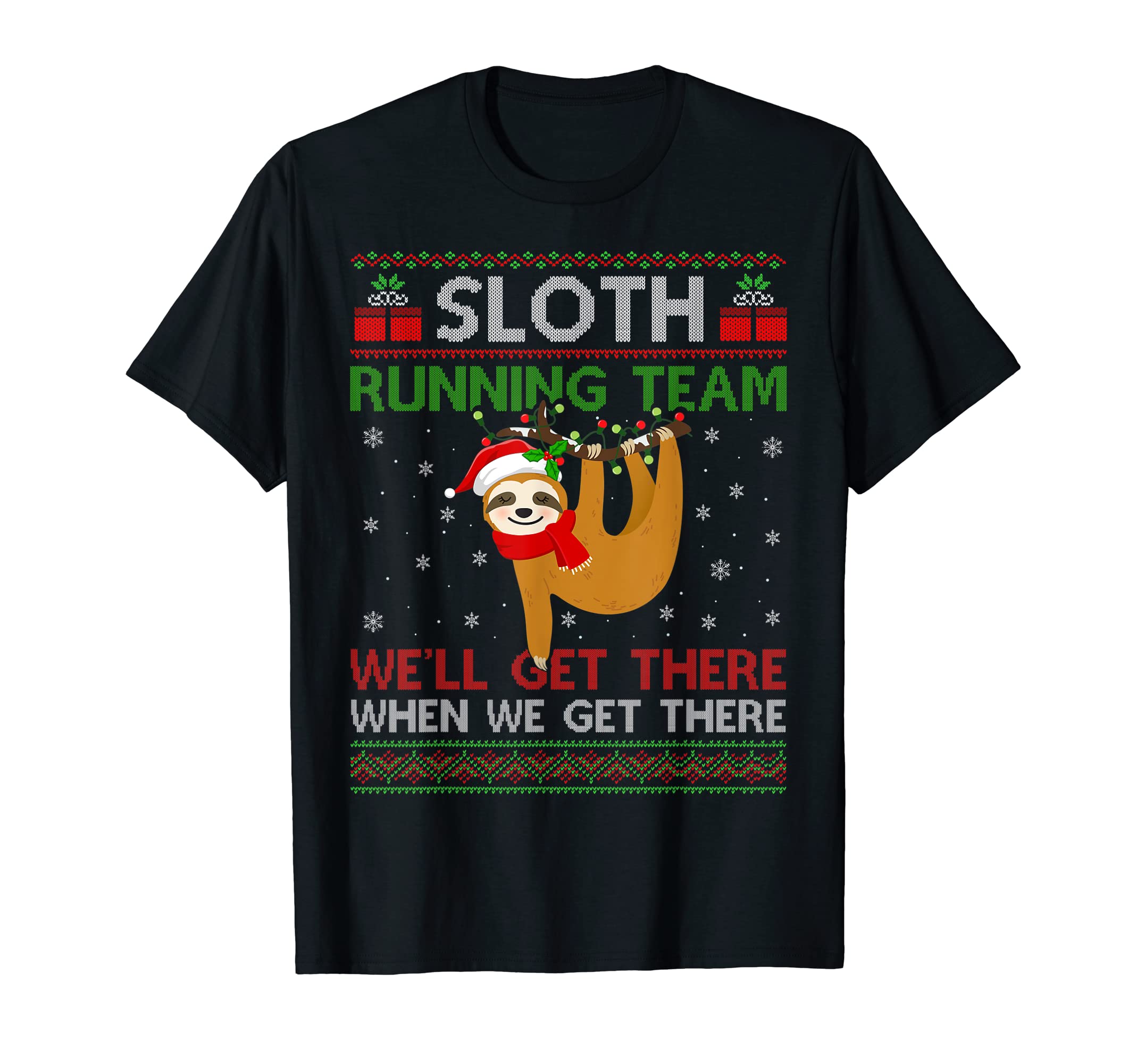 Funny Sloth Running Team Xmas Lights Ugly Sloth Christmas T-Shirt