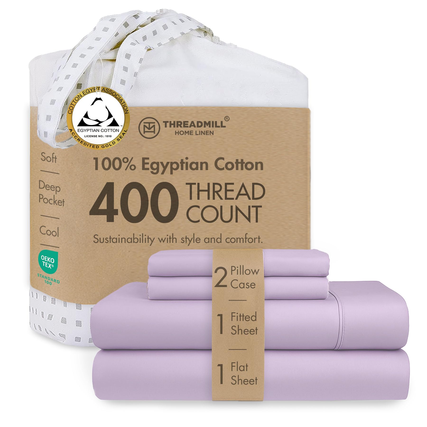 400 Thread Count Egyptian Cotton Full Sheet Set, Sateen, Lilac