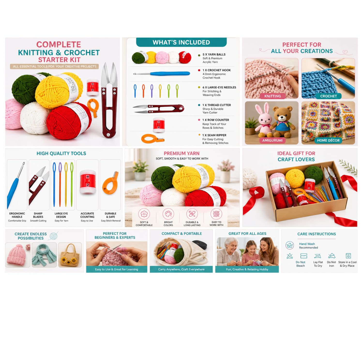 Tusmad Cotton Crochet Kit for Beginners with Crochet Thread, Hooks & DIY Tools | Learn to Crochet Set for Adults & Kids | Complete Crocheting Supplies with Colors Yarn Stitch Counter & Yarn Cutter Ring