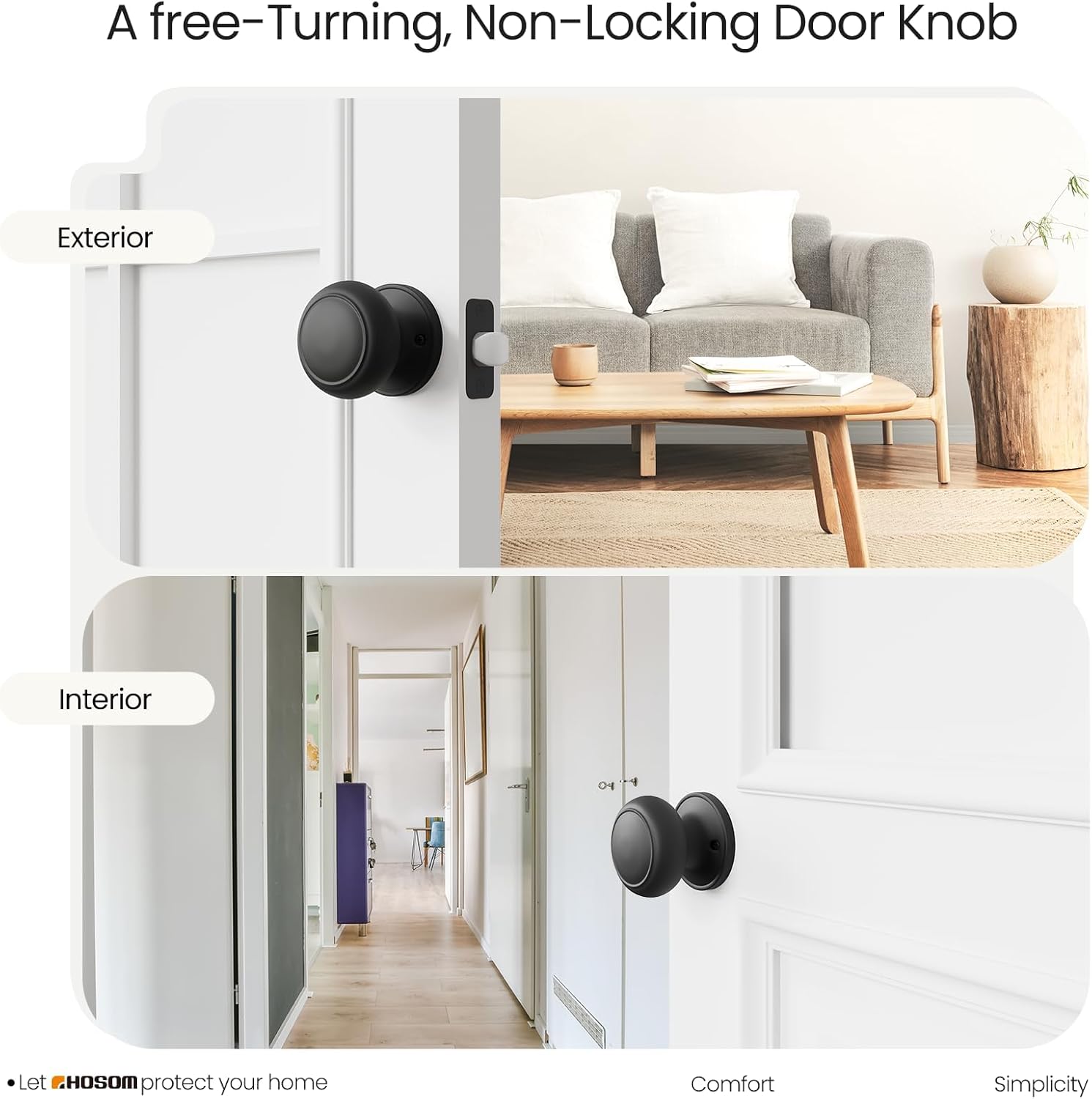 HOSOM 6 Pack Passage Door Knob, Matte Black Door Knobs Keyless Doorknobs for Interior Doors, Hallway, Closet and More, No Locking Door Handle