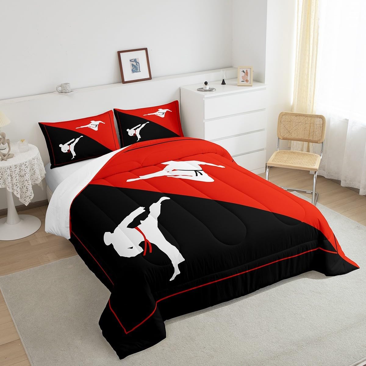 Castle Fairy Teens Taekwondo Comforter Set Queen Size,Black Red White Bedding Set for Kids Boys Girls Bedroom Decoration,Kungfu Bed Duvet Insert,Japanese STYL Comforter with 2 Pillowcases