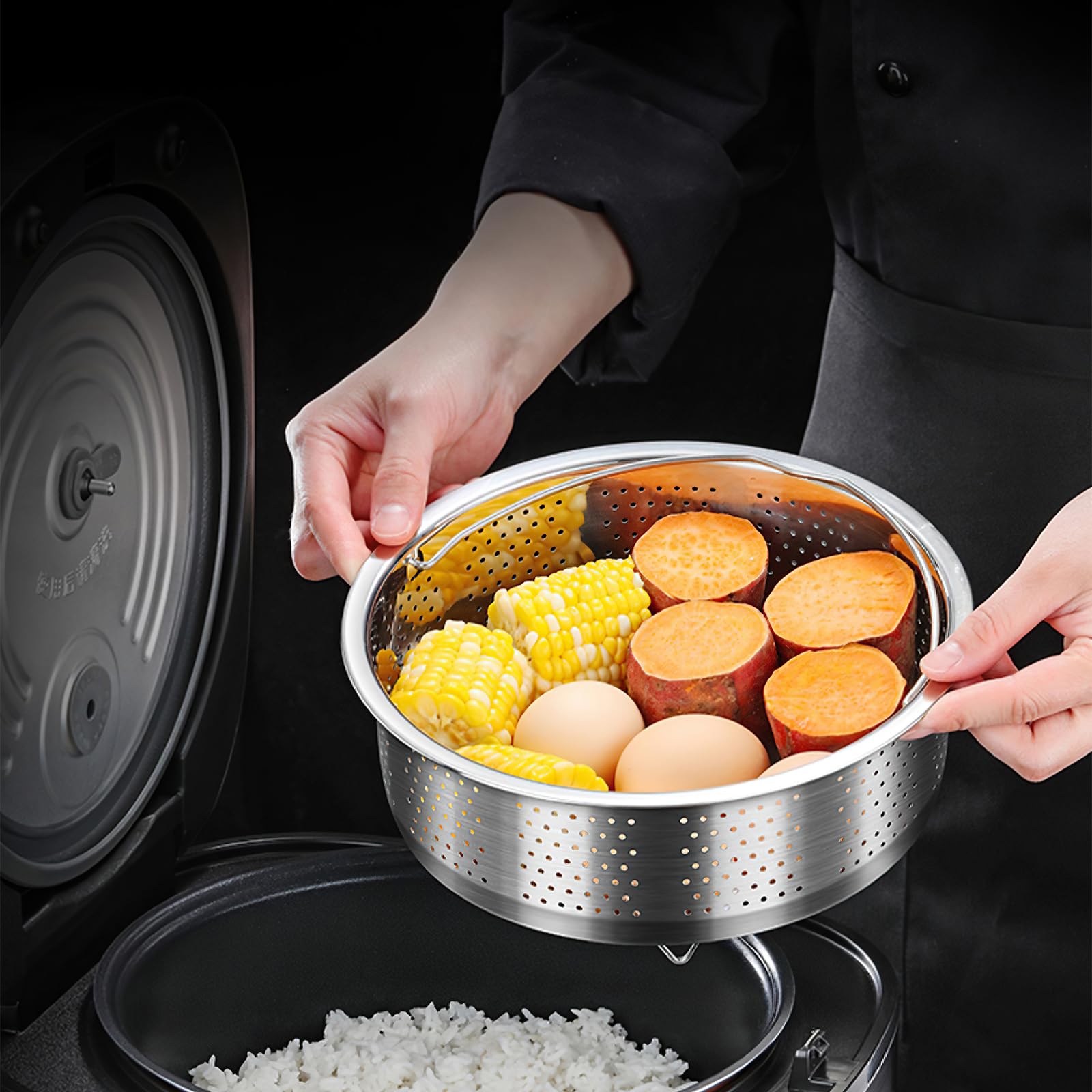Cesta de Vapor Inoxidable 304, Vaporera Multiusos con Mango para Verduras, Pescado, Huevos