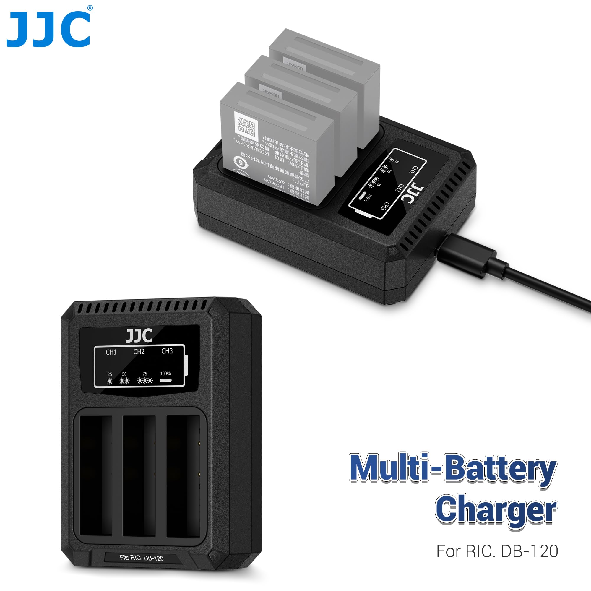 JJC Caricabatteria triplo USB-C compatibile con Ricoh GR IV, GR4, GRIV Camera, Caricabatteria + 1 cavo di ricarica Type-C per Rico DB-120
