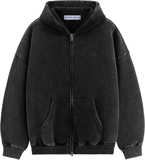 Aelfric Eden Zip Up Hoodie Acid Wash hooded Sweatshirts Oversized Vintage Cotton Fleece Jackets Heavyweight Unisex