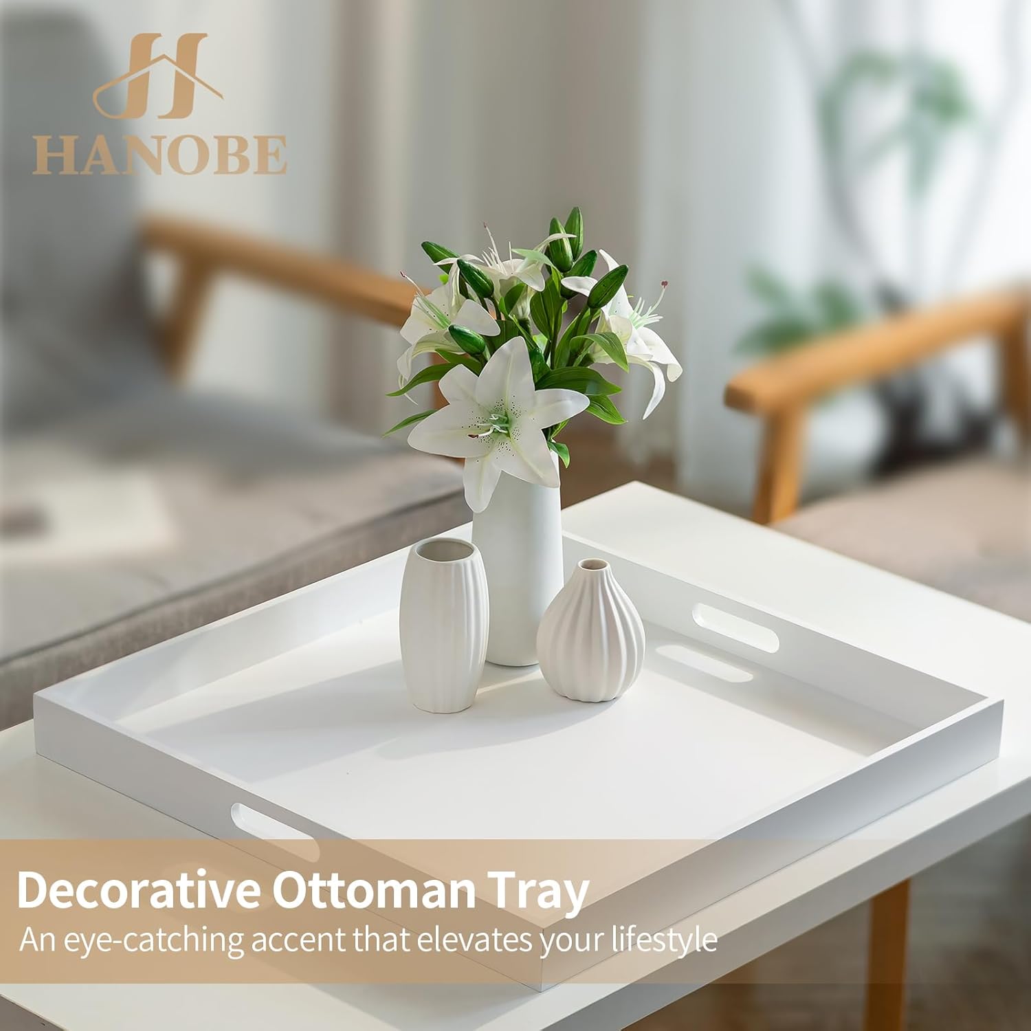 Hanobe Square Large Ottoman Tray: Modern Extra Large White Serving Decorative Trays with Cutout Handles for Living Room Coffee Table Home, 20" - Image 4