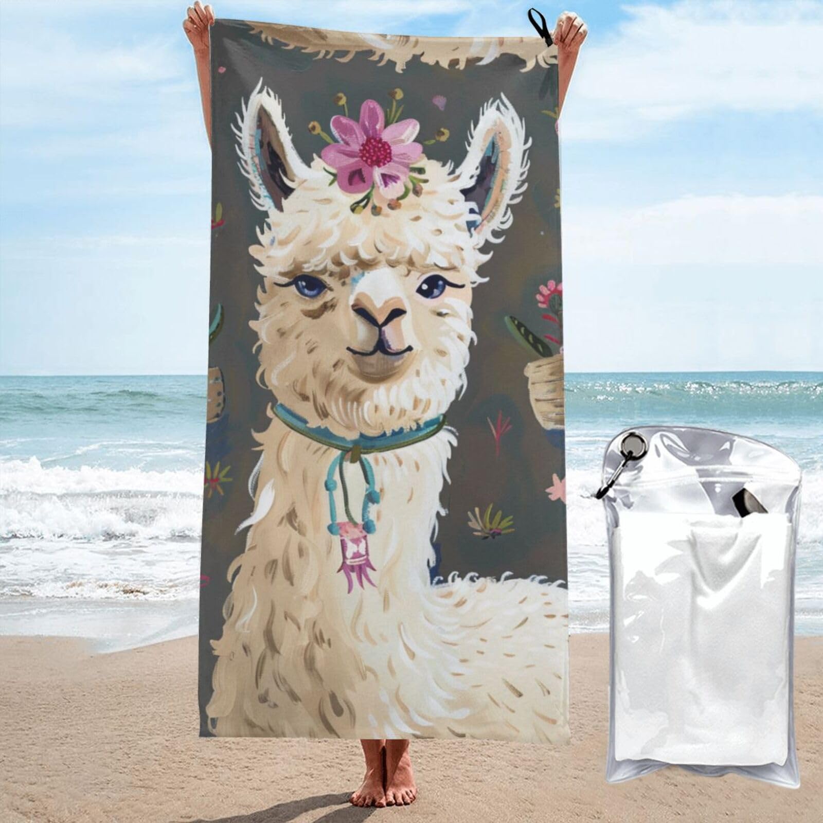 BWWHCCTI Alpaca Llama Printed Microfiber Quick Dry Beach Towel 80x160 CM, Fast Drying Bath Towels with Bags for Travel,Camping,Gym,Beach,Swimming,Yoga