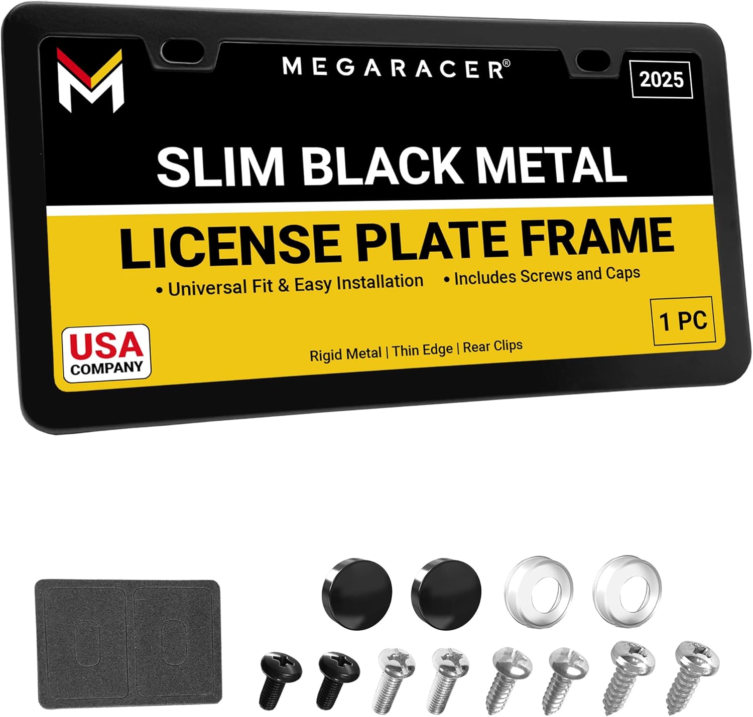Premium Slim Matte Black License Plate Frame – 1 Piece, Rust-Free Stainless Steel &amp; Rattle-Free, Street Legal, Universal with Screw Caps, Thin Edged Metal Front or Rear Car Tag Holder for Men &amp
