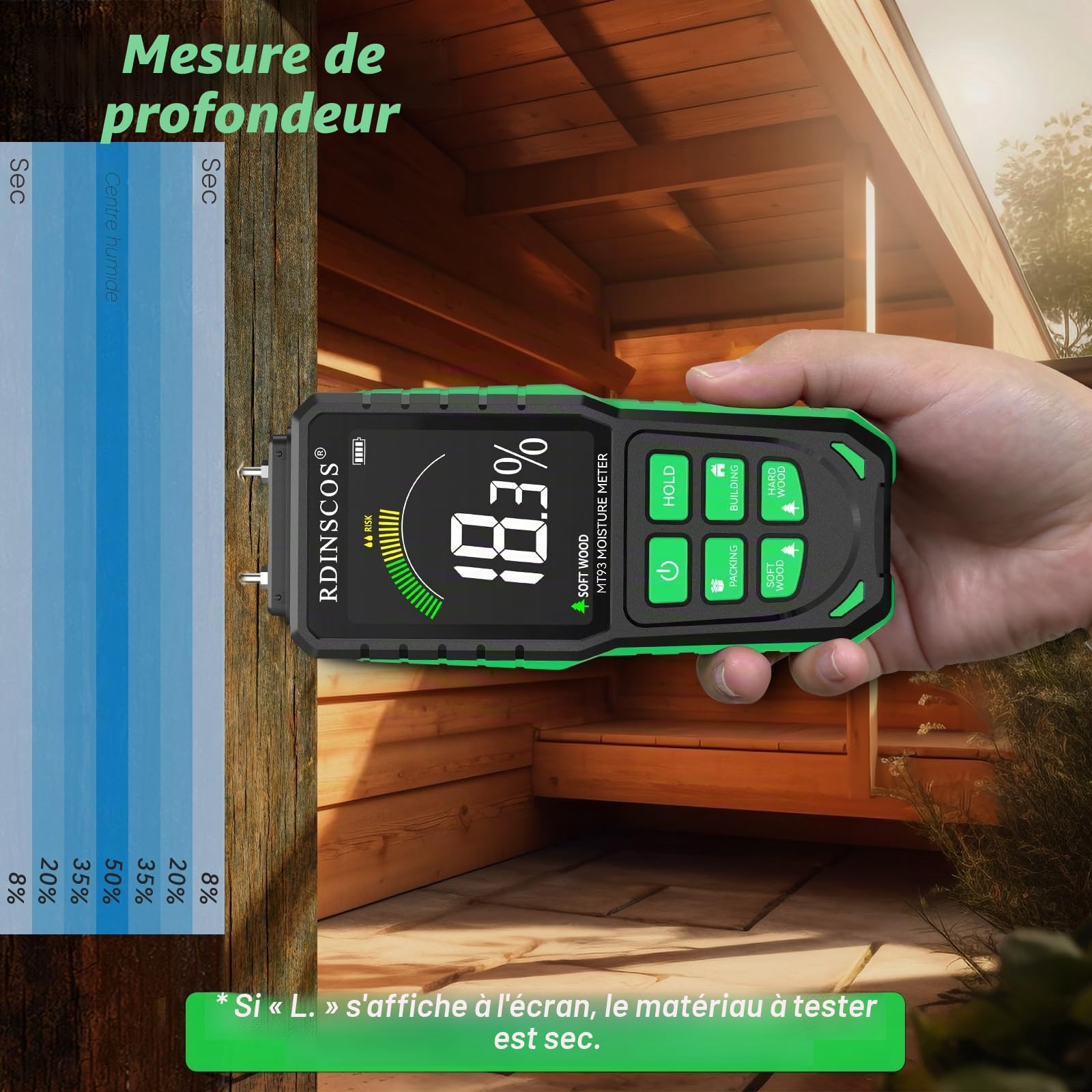 Testeur Humidité,RDINSCOS Détecteur Humidité Rechargeabilité Humidimetre Bois à Broche avec 4 Modes Testeur d'humidité pour Murs,Bois,Maçonnerie,Béton