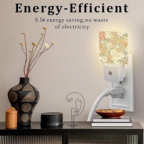 Miniatura 4 de Luz nocturna de acuarela de flores y hierbas enchufable a la pared, plantas botánicas abstractas, hojas florales, del atardecer al amanecer, luz