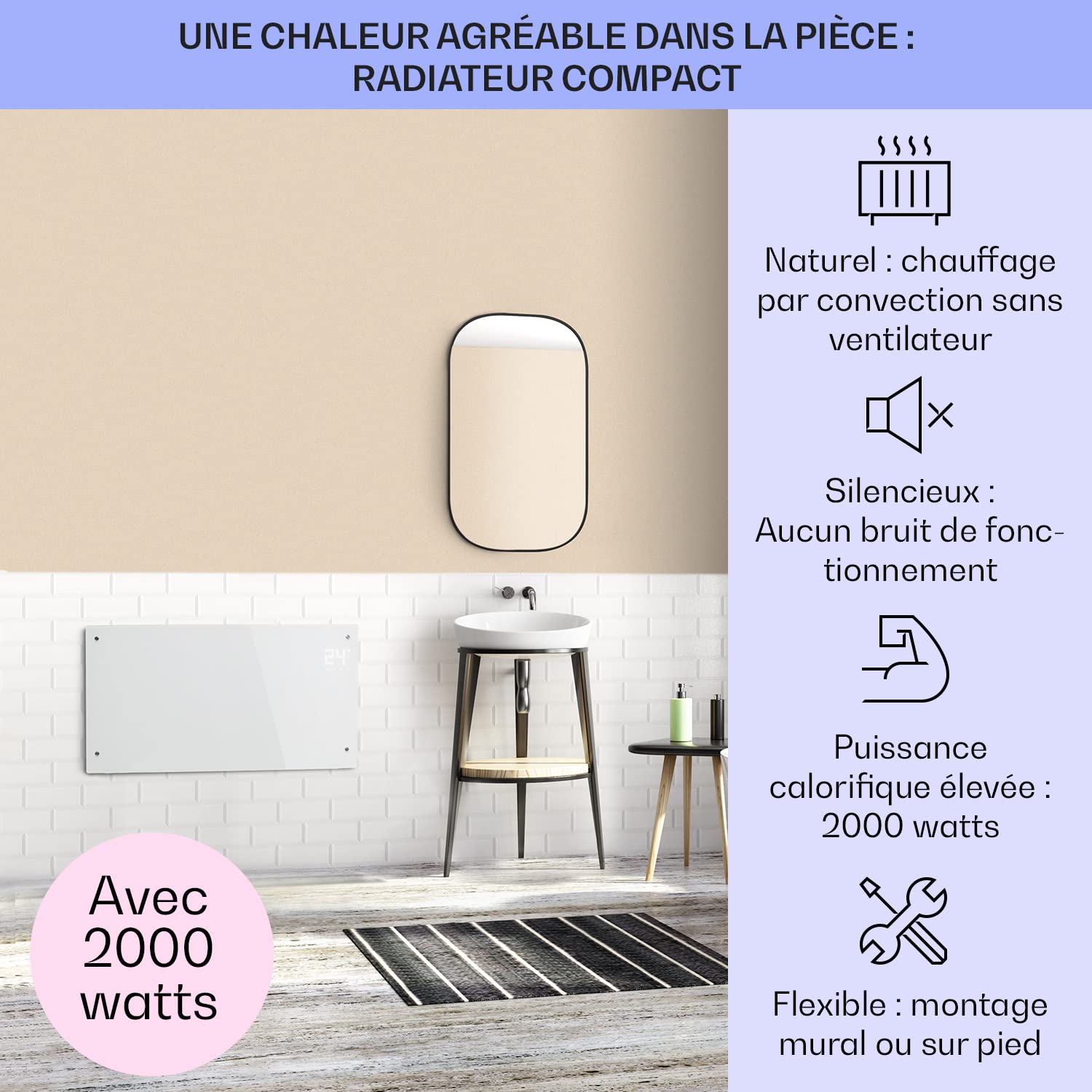 KLARSTEIN Bornholm Curved Smart - radiateur convecteur, écran tactile LED, minuterie, contrôle par appli, 1000 et 2000 W, thermostat 5-45 ° C, affichage de la température, mode éco - blanc