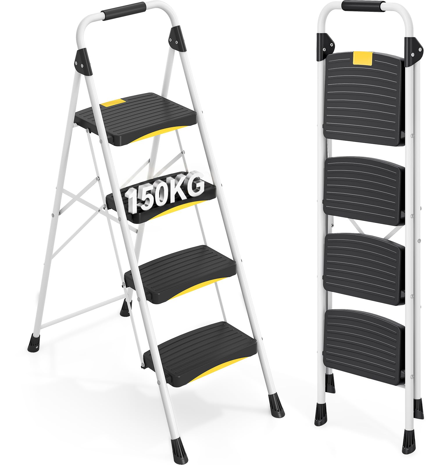 Urackify Escalera 4 Peldaños Plegable, Carga hasta 150kg, Bloqueo de Seguridad, Pedal Ancho Antideslizante, Pasamanos, Escaleras de Tijera Portátil de Acero para Hogar, Cocina, Oficina, Blanco
