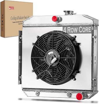 Radiator Fit for 1955 1956 1957 Chevy Bel Air Chevy 150 Chevy 210 Nomad Chevy Del Ray 3.8L 3.9L L6 Gas, 4 Row Radiators W/Aluminum Shroud Fan