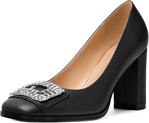 Womens Pumps, Closed Square Toe High Chunky Heels Dress Pumps with Fashionable Rhinestone Embellishments for Women