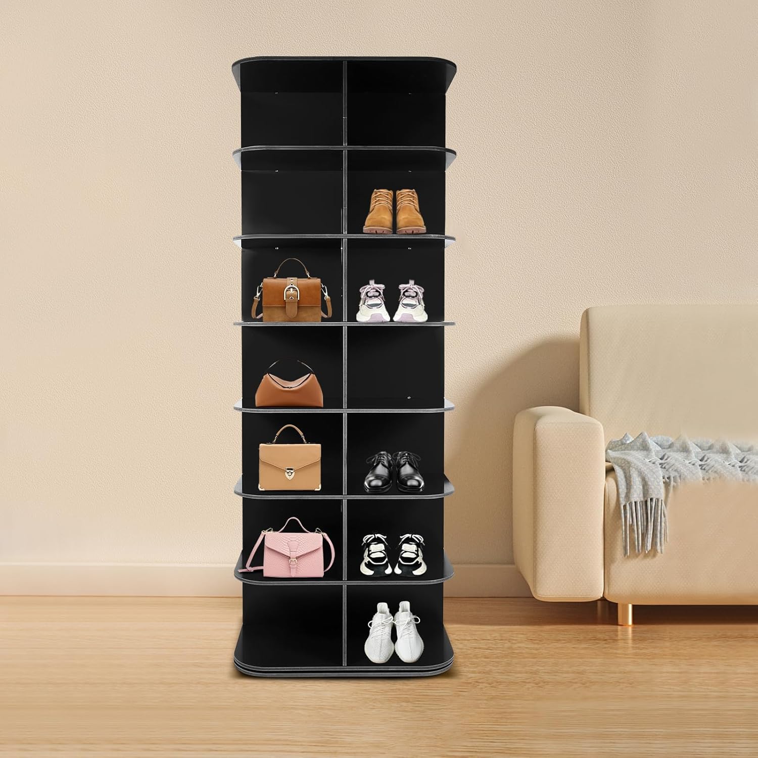 Eapmic Rotating Shoe Rack Tower, 7-Tier Free Standing Spinning Shoe Organizer 360° Revolving Shoe Rack,Multifunctional Space-Saving Entryway Cabinet for Shoes, Books (Square,7 Layer,Black,PVC)