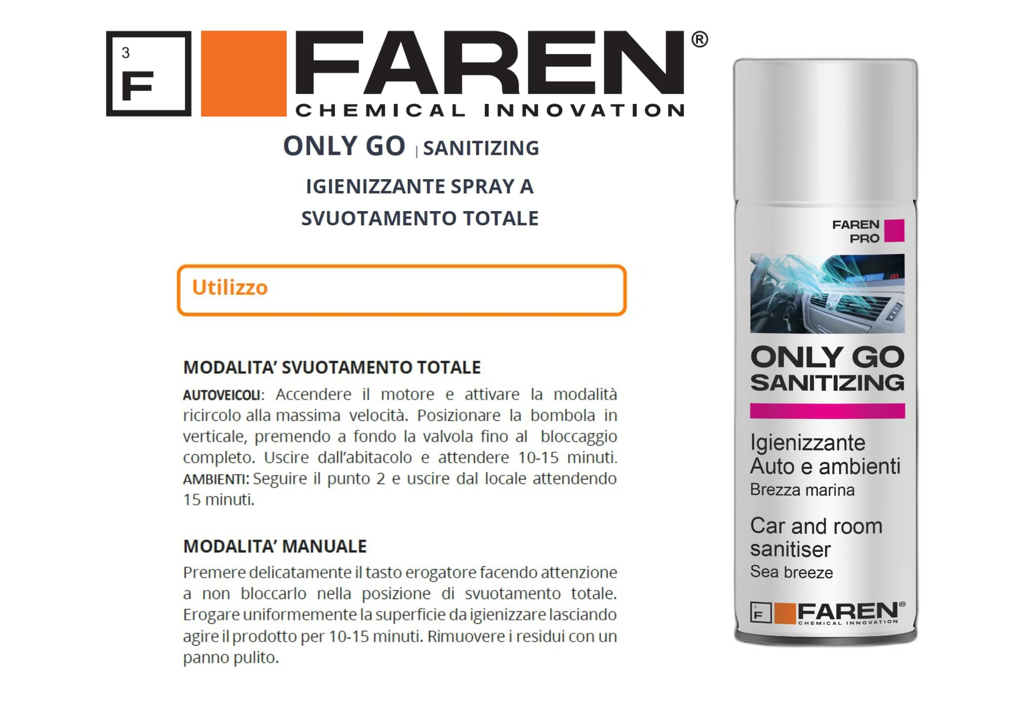 Faren ONLY GO, Igienizzante Auto e Ambienti Spray, purifica e deo rinfresca l'aria in piccoli ambienti, 200ml (12)