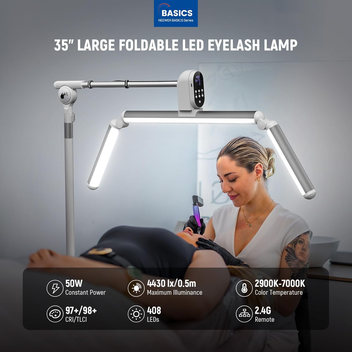 NEEWER 35" LED Lash Light, 50W Foldable, 2.4G Remote, CRI97+ Bi Color 1-100% Dimmable Overhead Half Moon Esthetician Lamp Lighting for Nail Tech Eyelash Extensions Skincare Tattoo Makeup Artist, BH50B