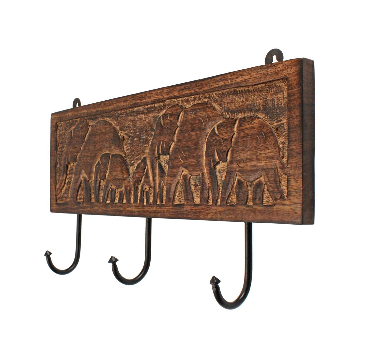 Ajuny Wooden Cloth Hooks Wall Mounted Coat Rack 3 Hooks with Elephant Carving for Hanging Clothes Robes Towels Coats, Key Hooks for Entryway Bathroom Bedroom Home Decor Gifts - 15 x 4.5 Inch