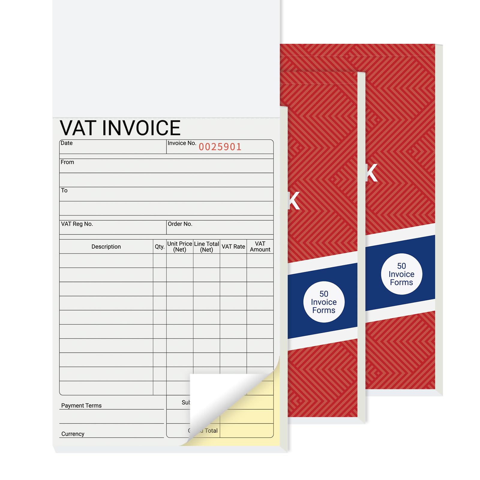3 Pack Duplicate Invoice Book with VAT, 2-Part NCR VAT Invoice Book for Business and Sales, Office Use, 140 x 210mm, 50 Forms Each Book