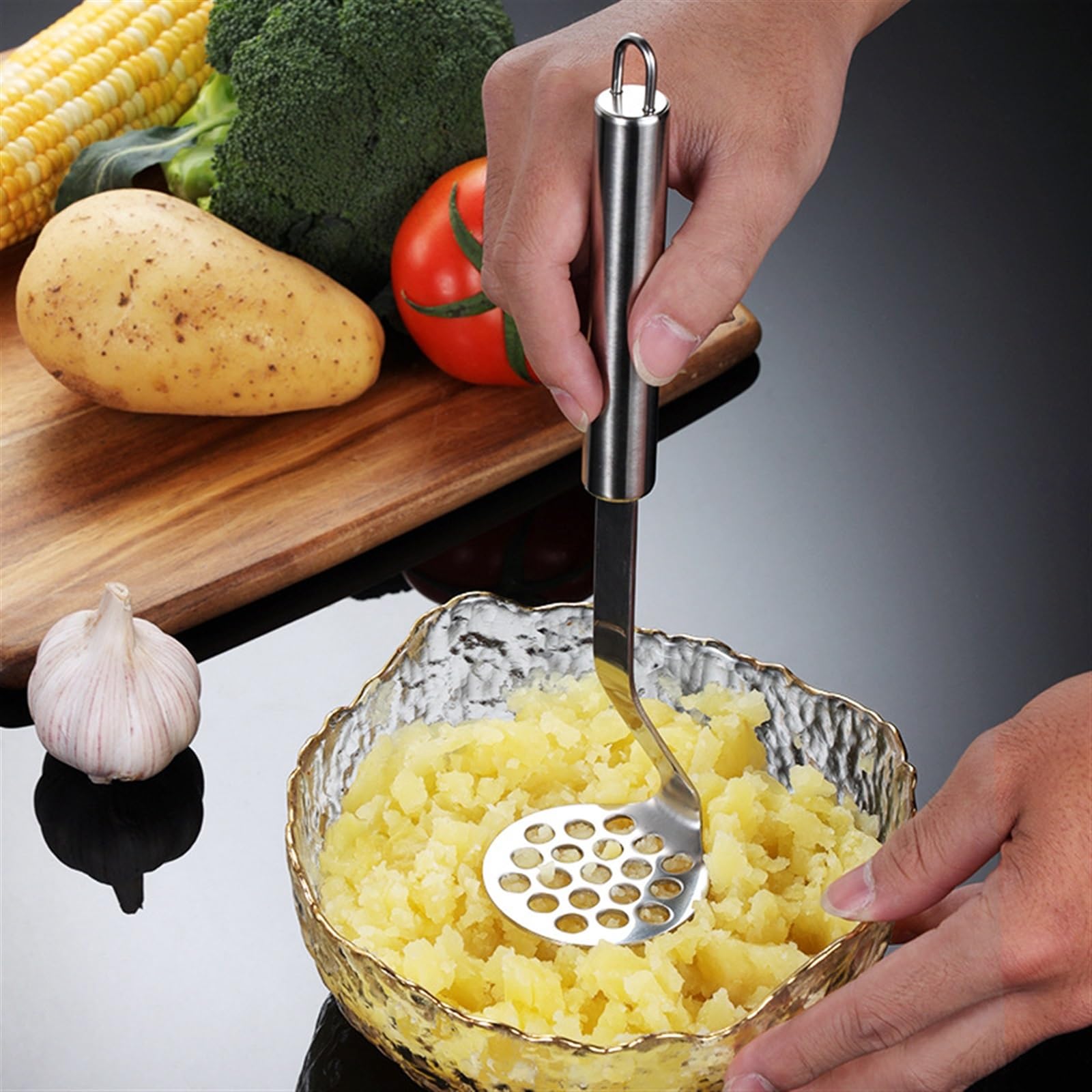 BIVOO Kartoffelstampfer aus Edelstahl, verdickte Kartoffeln, Schlammpresse, manueller Brecher, Küche, Obst, Gemüse, Schneidwerkzeuge (Color : Wavy)