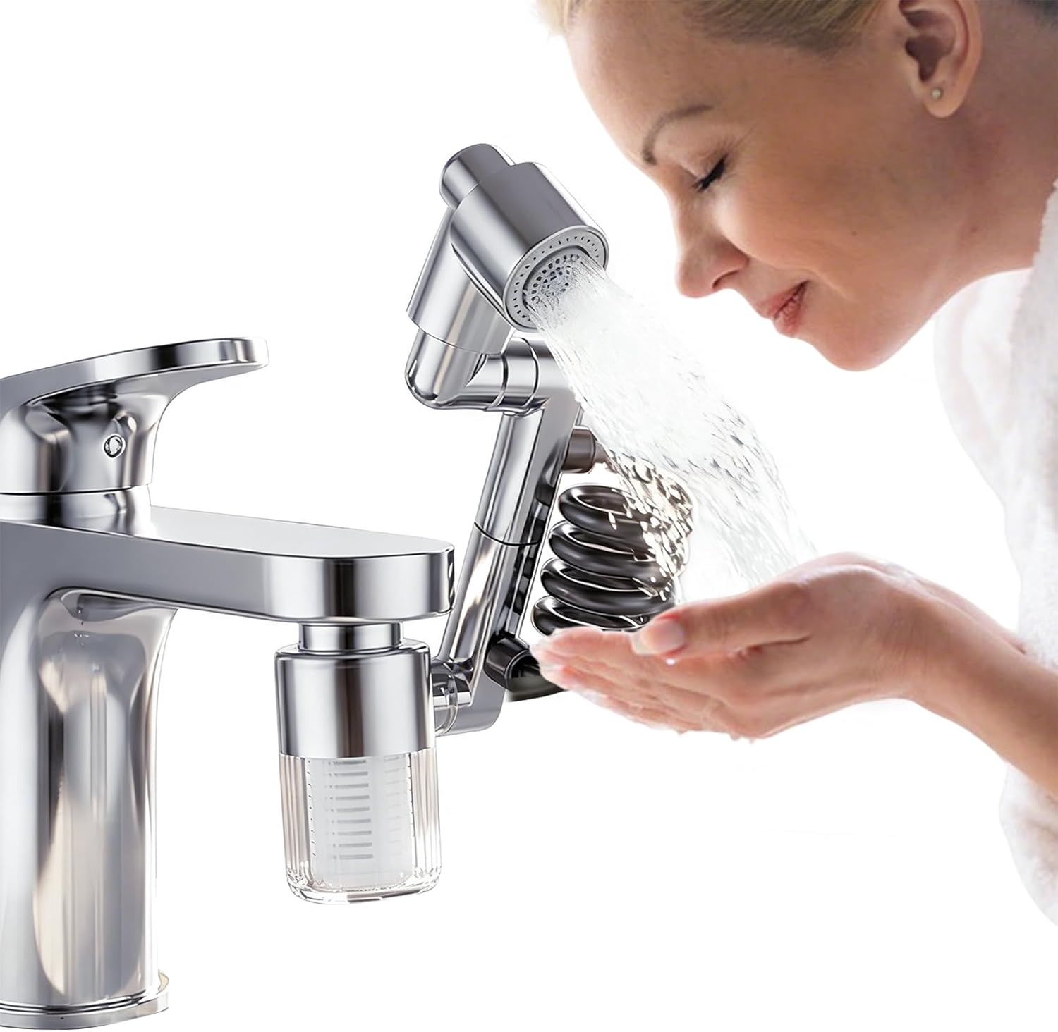 Patented 3-Section 360° Swivel Faucet Extender Sink-Aerator - 2-Mode Splash Water Tap Extension, Stretch Hose & PP Cotton Filter, Multifunctional Universal Robotic Arm - Wash Hair/Face/Hands
