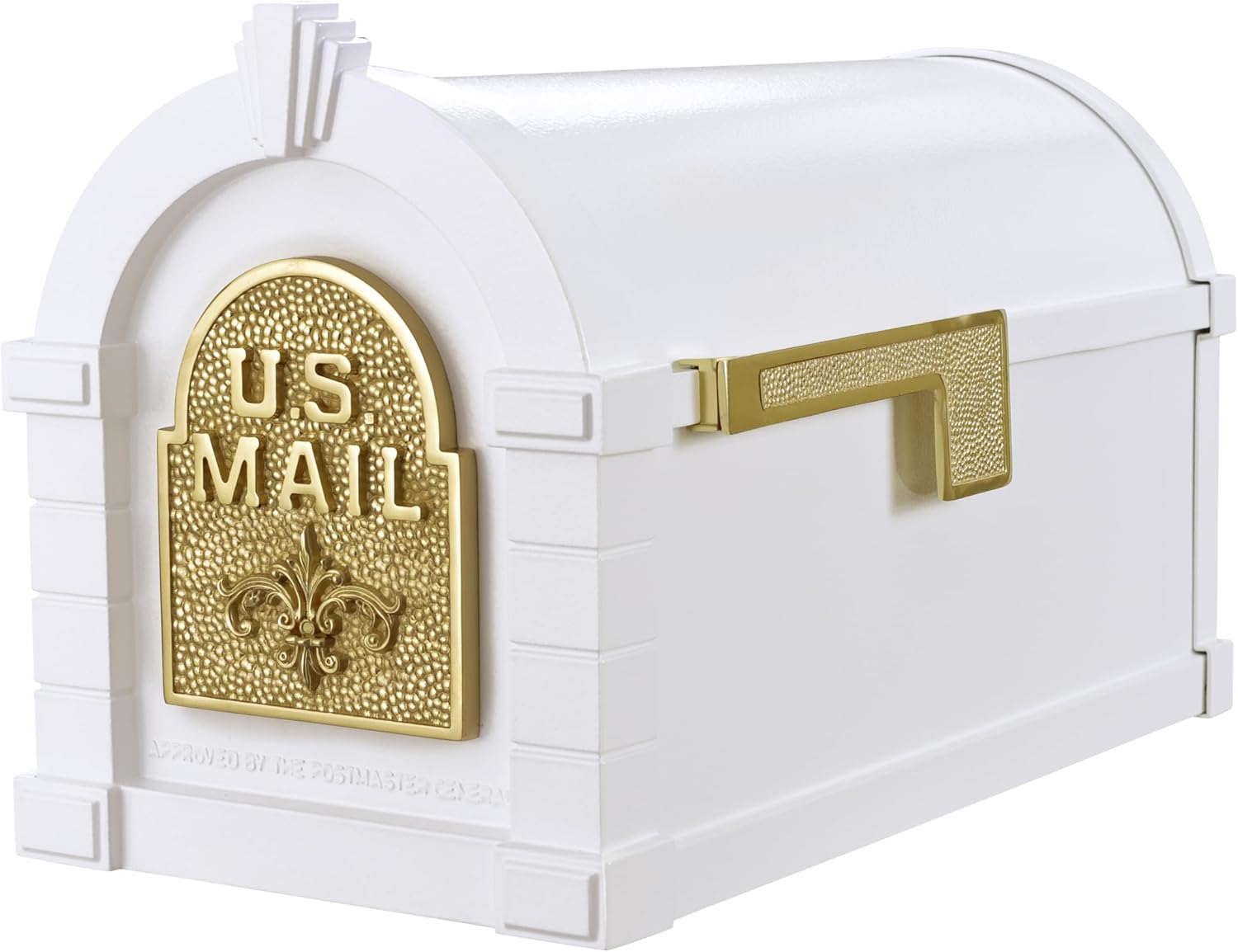 Gaines Keystone Series Mailbox - White with Polished Brass Fleur de Lis