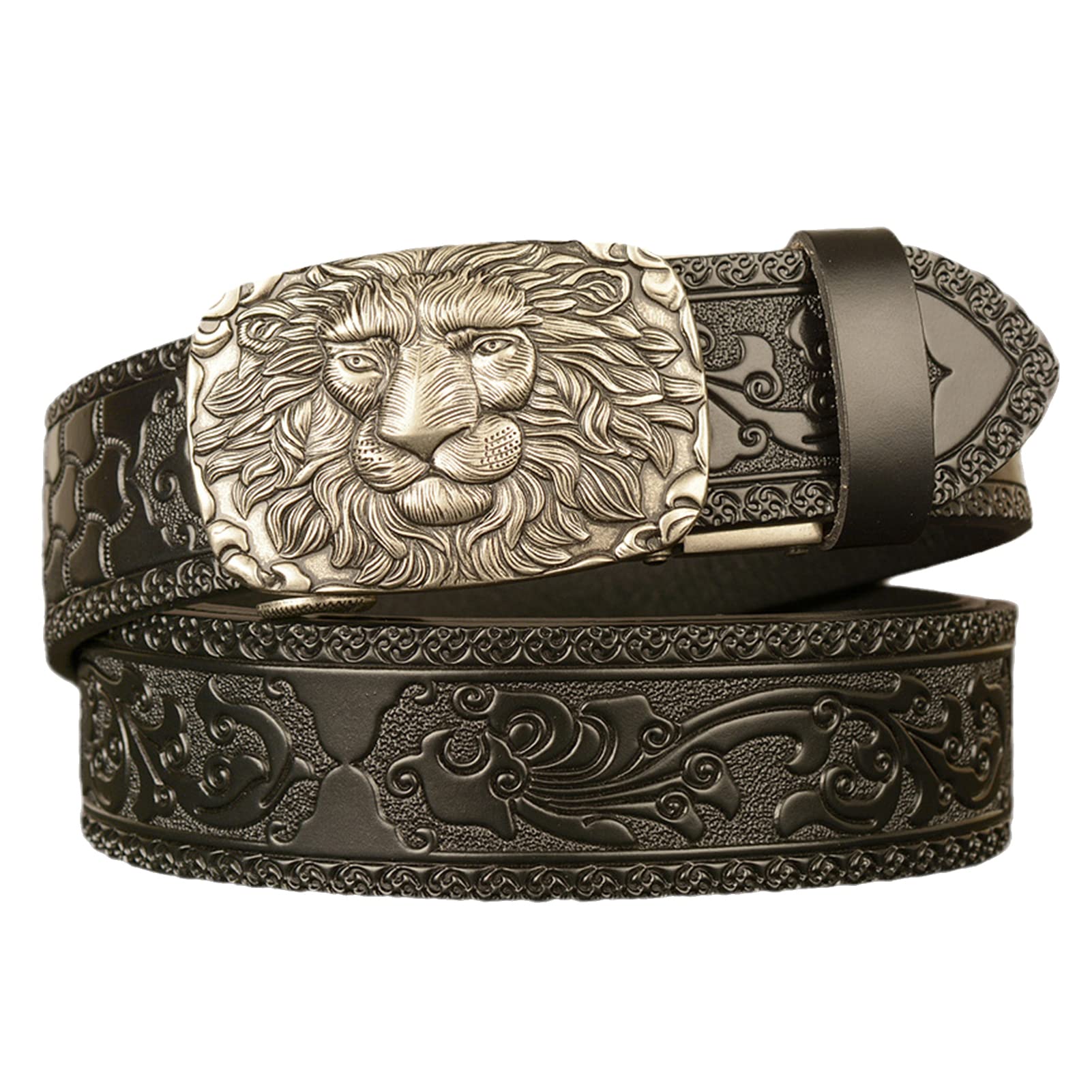 BDAYEK Men's Belt Men's Belt Automatic Buckle Carved Leather Casual Trouser(Lion~c,125Cm/Waist:42"~44")