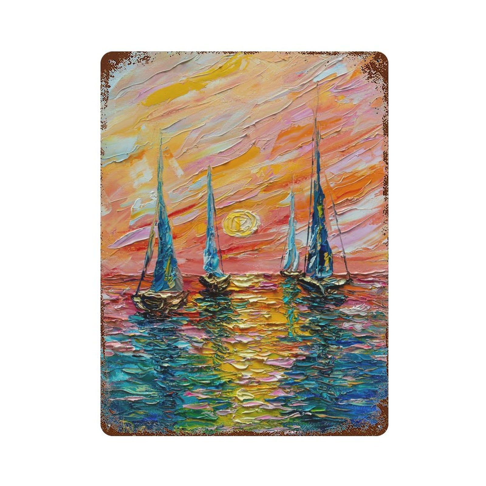 Impasto Sailboats at Sunset Painting 15.7"x11.8" Weathered Tin Sign, Shabby Chic Decor for Farmhouse, Kitchen And Entryway Decor