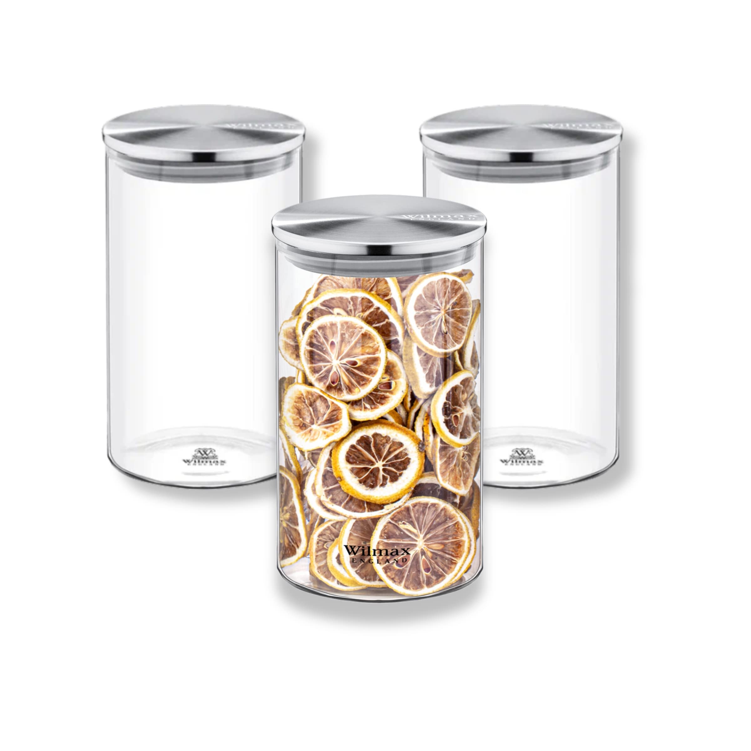 WILMAX - Récipients en verre avec couvercle métallique - Pots à épices - Boîtes de conservation avec couvercle à vis - rangement pour la cuisine - Lavable au lave-vaisselle, lot de 3, 1100 ml