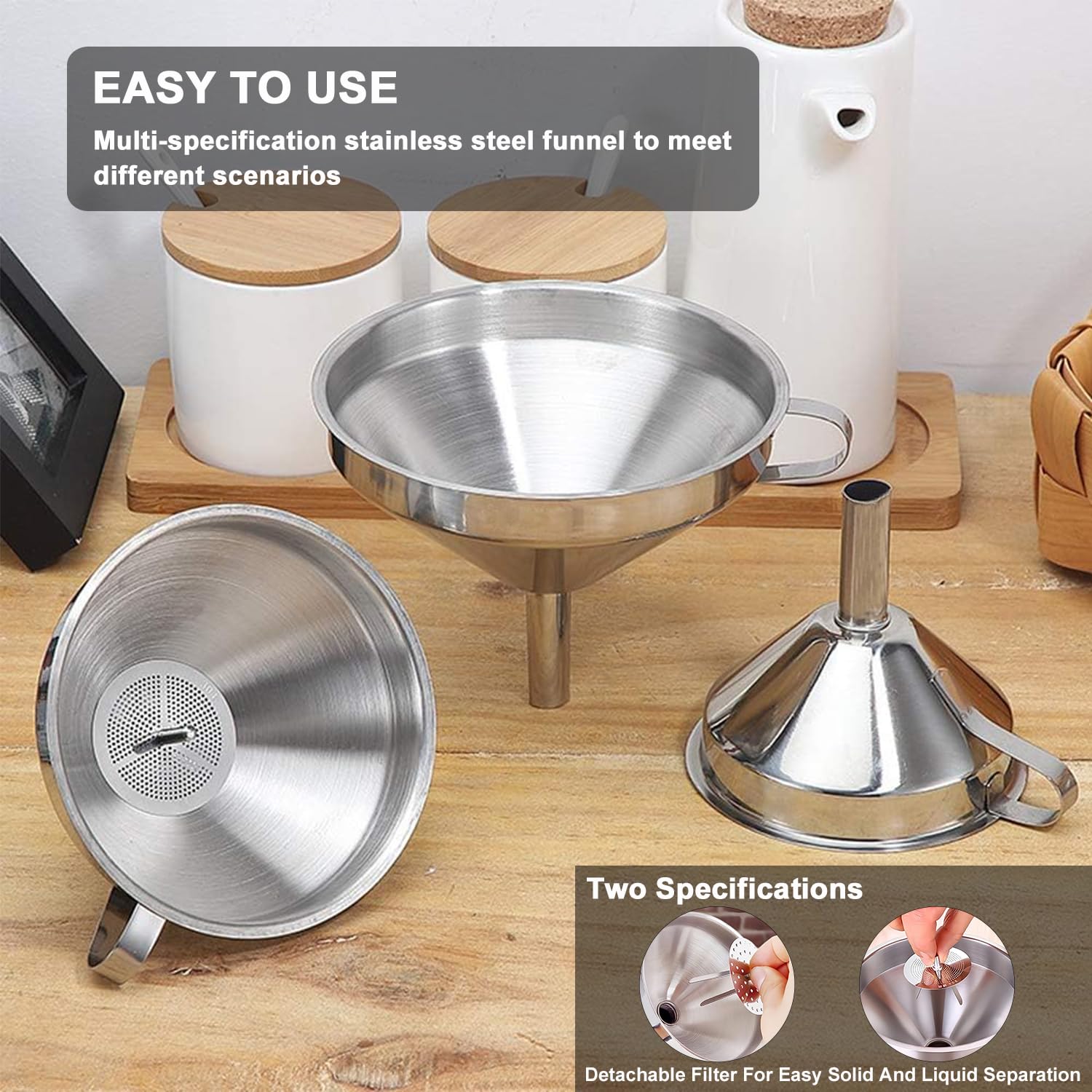 Stainless Steel Funnels for Kitchen use,5 Different Sizes of Kitchen funnels,Metal Funnel with 2 Removable Strainer,Cleaning Brush,200 Mesh Food Filter,for Transferring of Liquid,Oils,Jam