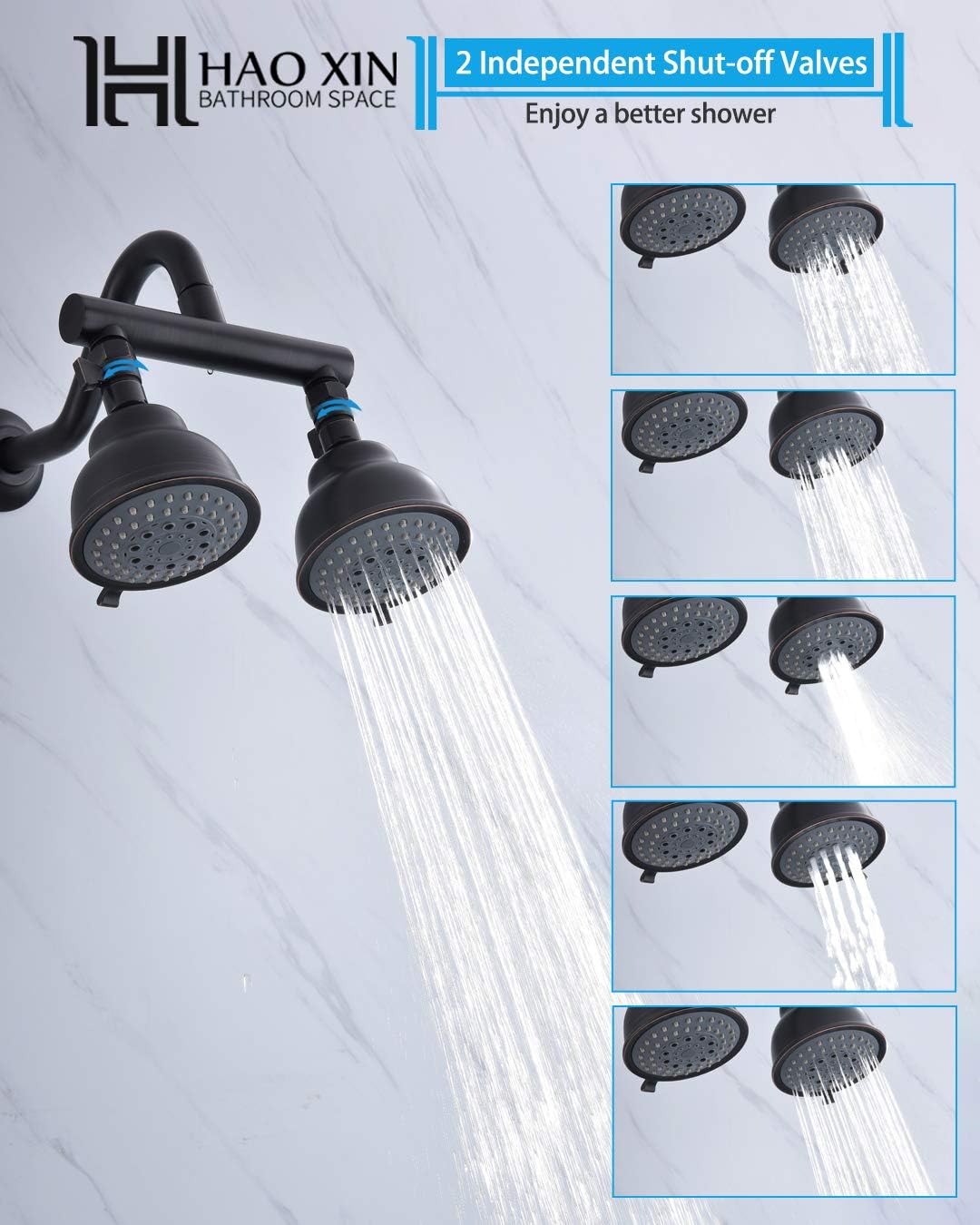 Double Shower Head with Shower Head Shut-Off Valve and Shower Arm,2 Shower Head High Pressure 5 Function Showerheads Sprayers,Oil Rubbed Bronze,STTZB01