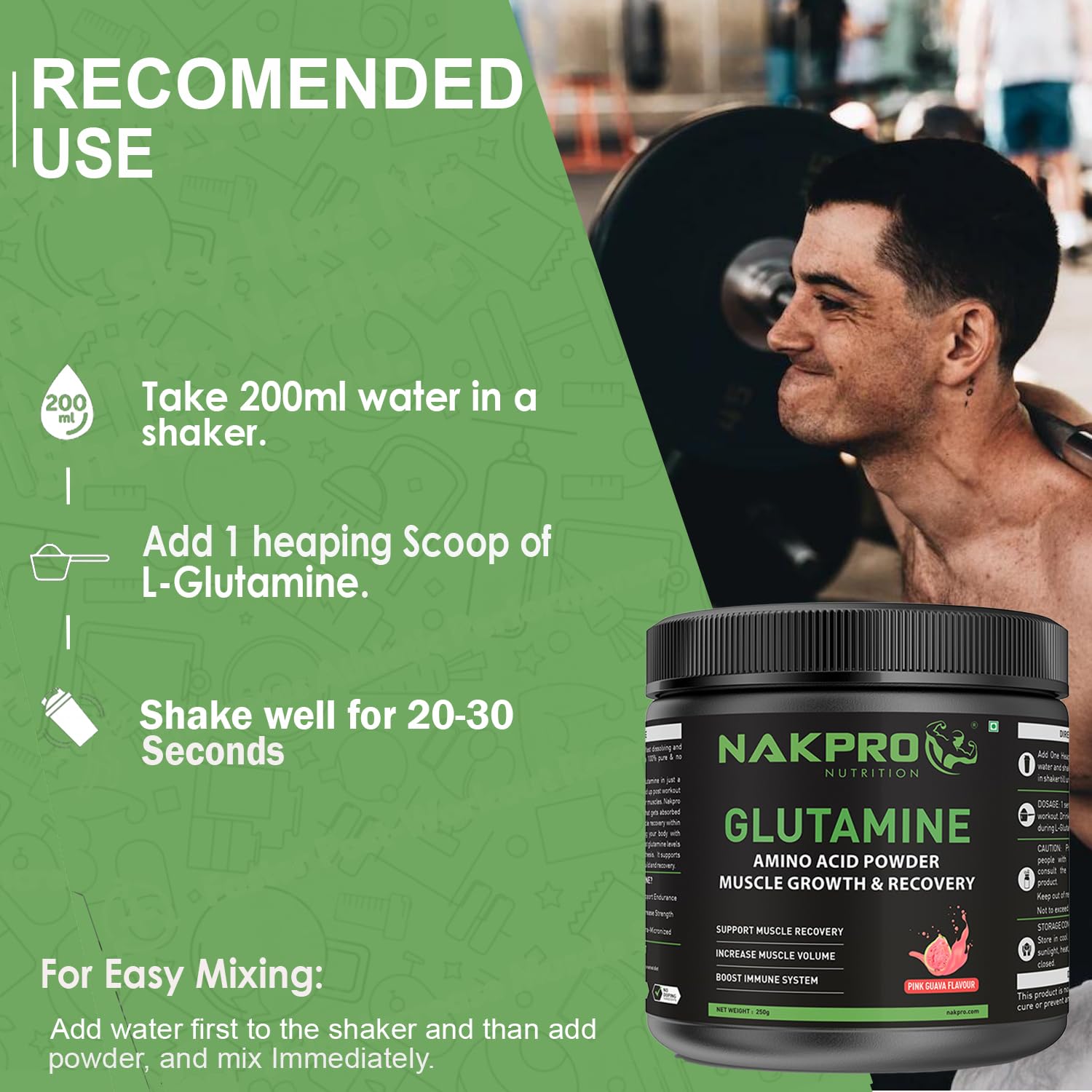 Nakpro L-Glutamine Powder - JAR | 4g Glutamine Per Serving, 50 Servings | Post Workout Amino Acid Protein Supplement for Muscle Growth and Recovery (Pink Guava, 250g) — Amazon image 6