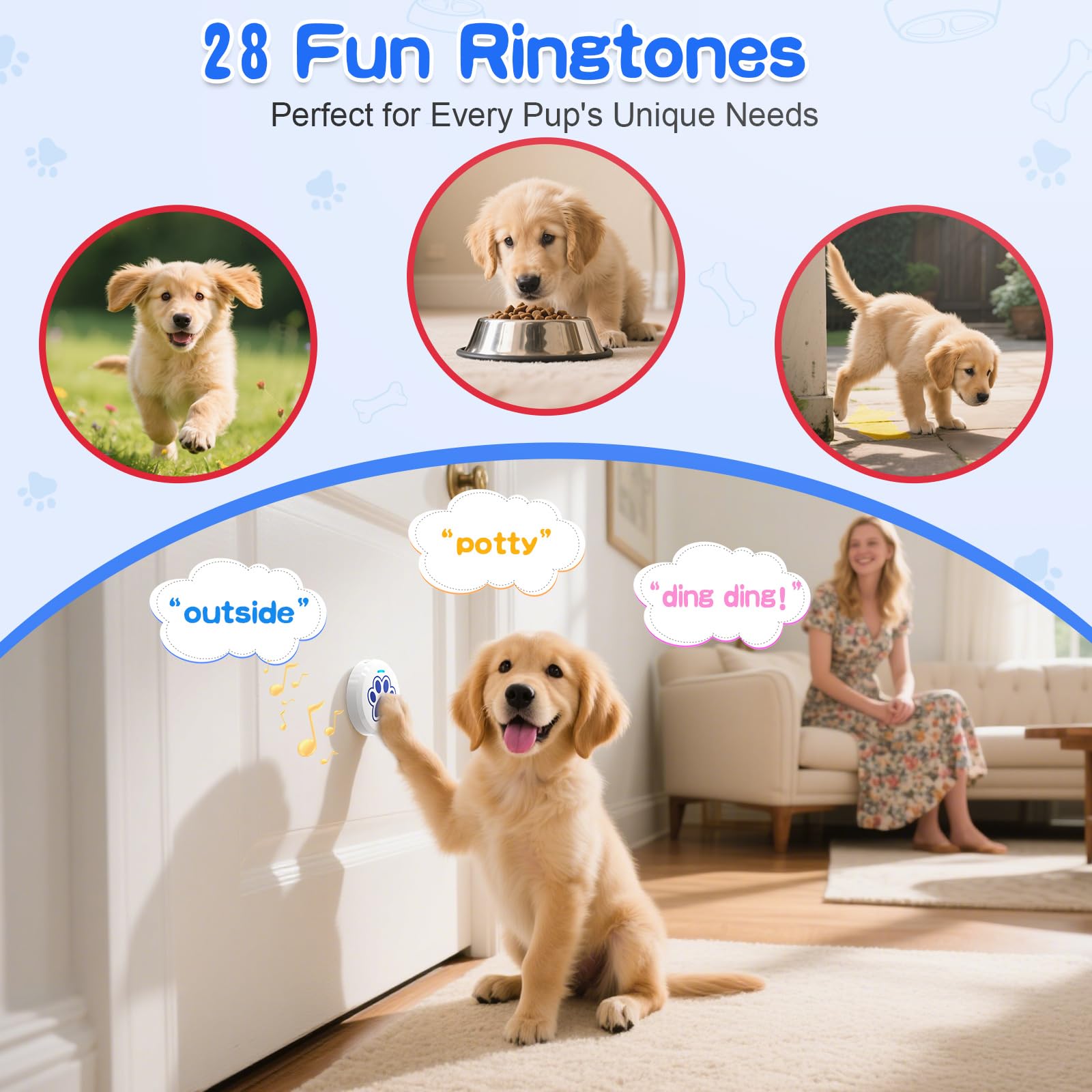 ChunHee Smart Dog Bells Toilet Training 0-115dB Volume Adjustable 28 Ringtones Dog Doorbell Puppy Training to Go Outside (Blue, 1 Pack) - Image 4