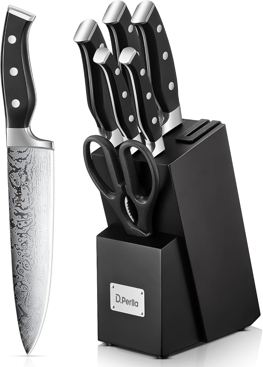 D.Perlla Knife Set, 7 Pieces Kitchen Knife Set with Self Sharpening Wooden Block, German Stainless Steel Knife Block Set with Triple Riveted Ergonomic Handle, Black
