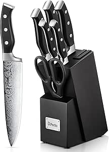 D.Perlla Knife Set, 7 Pieces Kitchen Knife Set with Self Sharpening Wooden Block, German Stainless Steel Knife Block Set with Triple Riveted Ergonomic Handle, Black