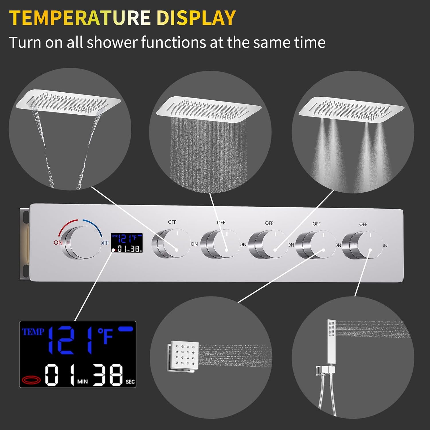 AYIVG Thermostatic Shower System with Body Jets 16 * 24 Inch Ceiling Mount Rain Shower Faucet Set Temperature Display Shower System Chrome Multi Shower Head System with 5 Ways Shower Valve