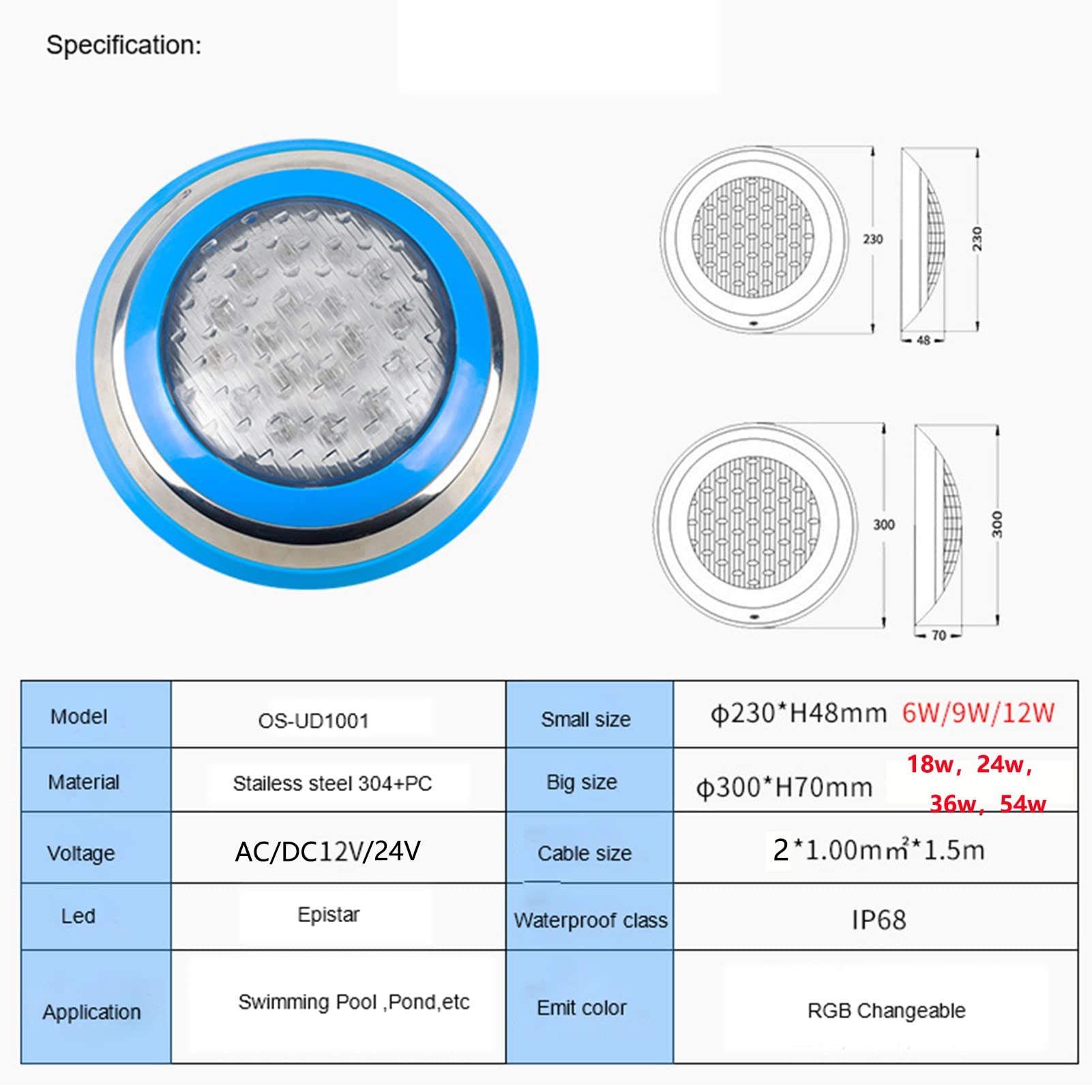 Luce della Piscina a LED montata a Parete, 6-54W lampade Blu Impermeabili in Acciaio Inossidabile Ip68 12/24VLuci subacquee (Color : AC12V-1-white Light, Size : 24w)