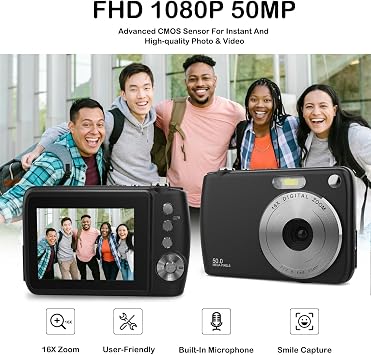 Digital Camera, FHD 1080P Camera, Digital Point and Shoot Camera with 16X Zoom Anti Shake, Compact Small Camera for Boys Girls Kids, Black (Black)
