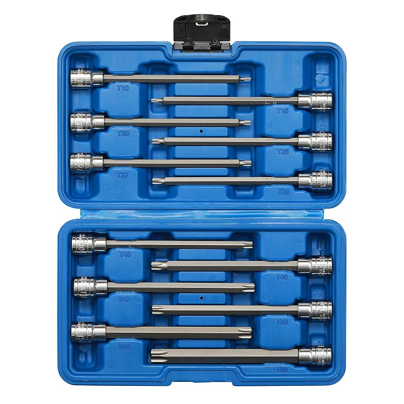 Jogo de Soquetes com Bits Torx Extra Longos EMENTOL, Encaixe de 9,5 mm (3/8 pol.), Aço CR-V e S2, T10 a T60, 12 peças